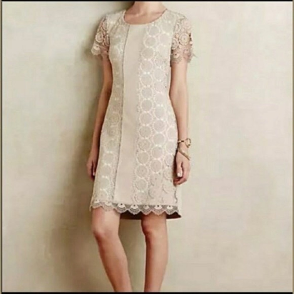Bailey 44 tan lace & faux leather panel dress - M